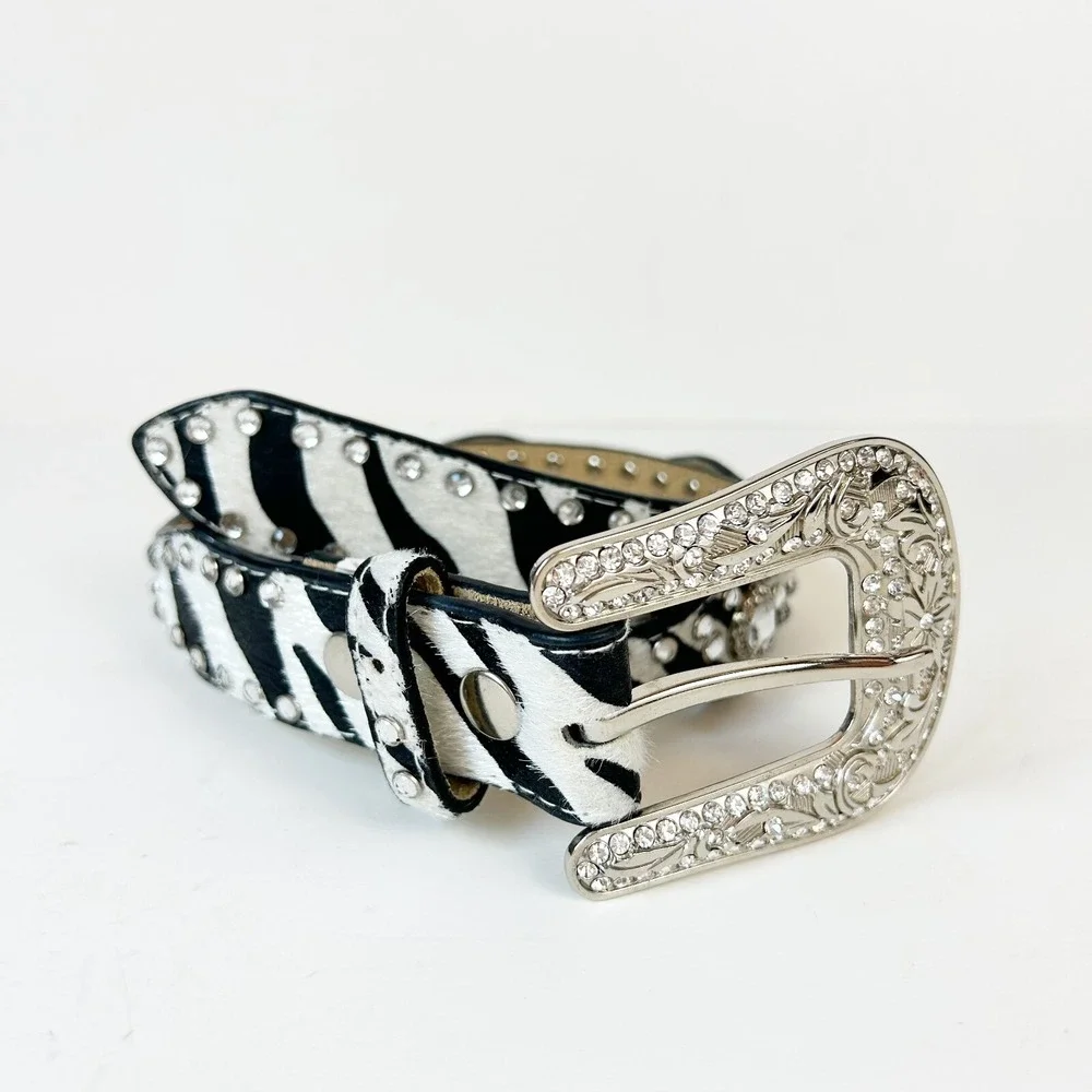Nocona Belt Girls 26 Western Zebra Calfskin Bling Rhinestone Big Buckle Rodeo